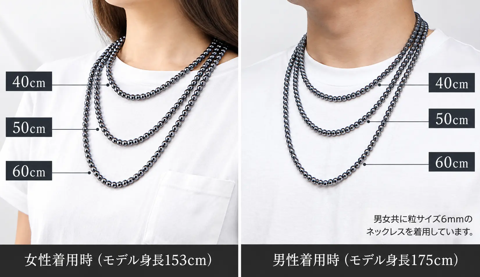 女性と男性による40cm・50cm・60cmのテラヘルツネックレス着用比較