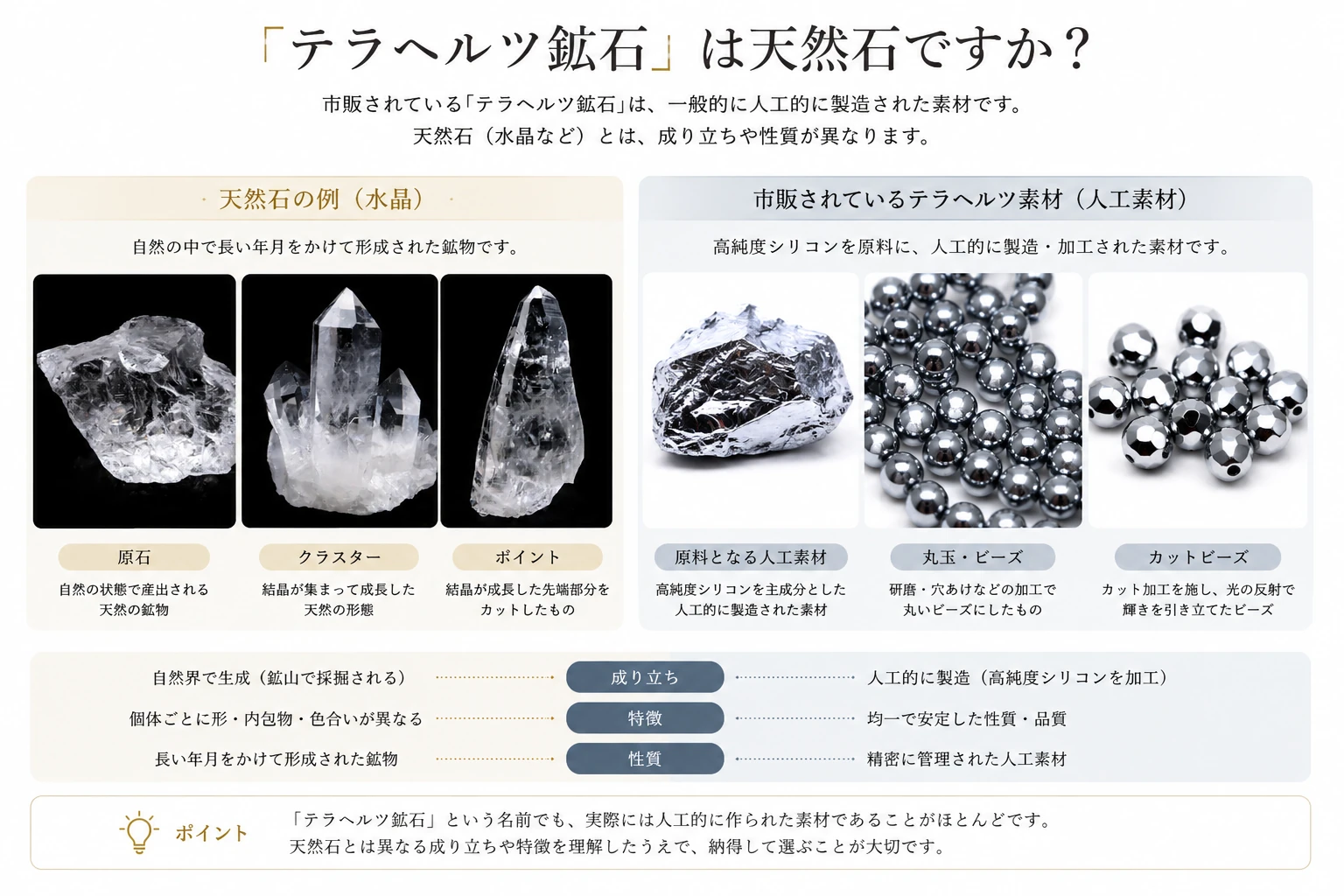 天然石と市販されているテラヘルツ素材の違いを比較した画像