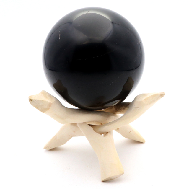 モリオン 黒水晶 丸玉 木製台座付き 直径 80mm 山東省産 天然石