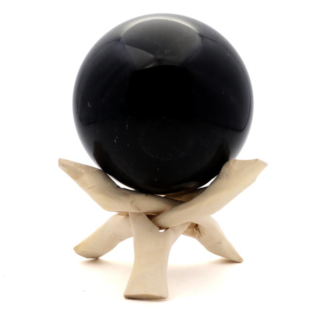 モリオン 黒水晶 丸玉 木製台座付き 直径 80mm 山東省産 天然石