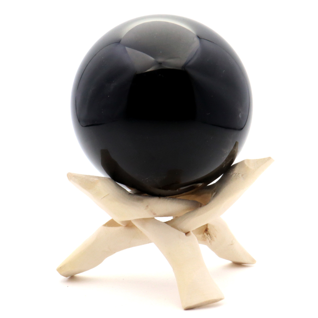 モリオン 黒水晶 丸玉 木製台座付き 直径 80mm 山東省産 天然石