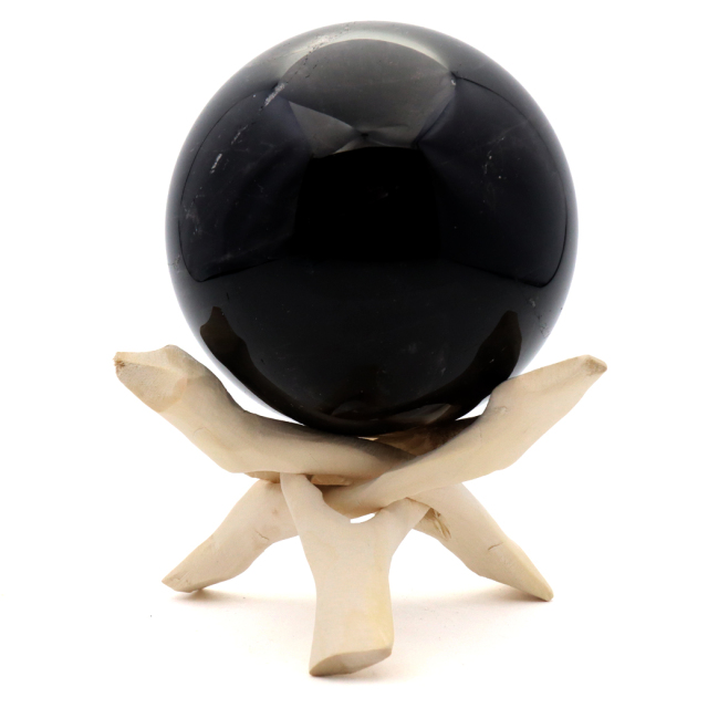 モリオン 黒水晶 丸玉 木製台座付き 直径 80mm 山東省産 天然石