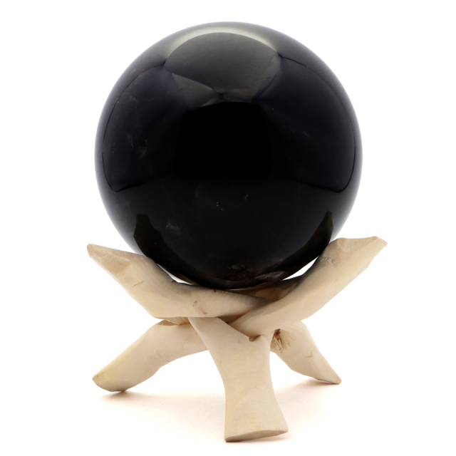 モリオン 黒水晶 丸玉 木製台座付き 直径 80mm 山東省産 天然石